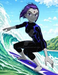2025 ai_generated beach beach_background black_eyebrows black_wetsuit cartoon_network closed_mouth closed_mouth_smile dc dc_comics dcamu dcau deviantart elryusam female_only female_surfing forehead_jewel girl_only jewel_on_forehead looking_at_viewer meta mouth_closed ocean ocean_background purple_eyes_female purple_hair_female raven_(dc) raven_(teen_titans) red_jewel short_hair_female smile_at_viewer smiling_at_viewer surf_female surf_girl surfer_female surfer_girl surfer_wetsuit surfing_female surfing_girl teen_titans warner_bros._animation waves wet_body wet_clothes wet_hair wet_skin wet_wetsuit wetsuit