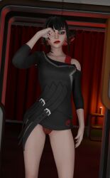 1girls dark_room female female_focus female_only fortnite fortnite:_battle_royale goth_girl long_shirt mad_face morgan_myst_(fortnite) perete red_lips red_lipstick red_underwear rubbing_eye shirt short_hair tired tired_eyes tired_look underwear waking_up