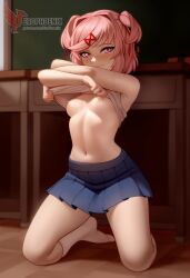 1girls 2d ai_generated ass bangs barefeet big_ass breasts doki_doki_literature_club erophoenix feet female female_focus full_body looking_at_viewer looking_back natsuki_(doki_doki_literature_club) nipples nude pale_skin pale_skinned_female panties patreon_username pink_eyes pink_hair small_breasts smile soles solo solo_female sweat thick thick_thighs toes topless uncensored underwear undressing