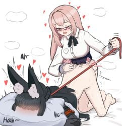 2girls absurdres animal_ears ass blunt_bangs blush bottomless dildo fox_ears fox_girl full_body glasses hair_between_eyes heart highres hoshimi_miyabi leash long_hair multiple_girls nykaani open_mouth pillow pink_eyes pink_hair sex sex_from_behind sex_toy shirt sidelocks strap-on tsukishiro_yanagi white_shirt yuri zenless_zone_zero