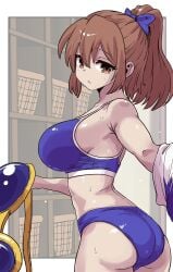 alternate_body_type alternate_breast_size arle_nadja bra_armor large_ass large_breasts madou_monogatari puyo_puyo removing_armor short_shorts sideboob sports_bra thick_thighs undressing wide_hips