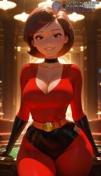 1girls ai_generated artist_name belt black_choker black_gloves blurry_background bodysuit breasts brown_eyes brown_hair choker cleavage collarbone curvy disney elbow_gloves female gloves grin indoors large_breasts latex lips looking_at_viewer mature_female meitabuu narrow_waist orange_belthelen_parr parted_lips patreon_username red_bodysuit short_hair skin_tight smile solo swept_bangs table the_incredibles thick_thighs thighs wide_hips yellow_belt