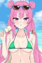 :o blush food grace_(sound_voltex) green_bikini holding_popsicle looking_at_viewer official_alternate_hairstyle popsicle sound_voltex sweat upper_teeth_only v-shaped_eyebrows