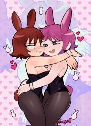 2girls blush bunnysuit embrassed evygur0 female hugging kim_pine ramona_flowers scott_pilgrim scott_pilgrim_takes_off yuri