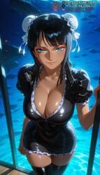 1girls ai_generated alternate_costume alternate_hairstyle aqua_eyes aquariumnico_robin arm_at_side black_dress black_hair black_thighhighs blush breasts bun_cover cleavage closed_mouth collarbone covered_navel dark-skinned_female dark_skin double_bun dress eyeliner eyeshadow fish frilled_dress frills hair_bun large_breasts latex lips looking_at_viewer makeup medium_hair meitabuu nico_robin one_piece pool puffy_short_sleeves puffy_sleeves shiny_clothes short_dress short_sleeves sidelocks skin_tight smile solo thighhighs water zettai_ryouiki zipper zipper_pull_tab