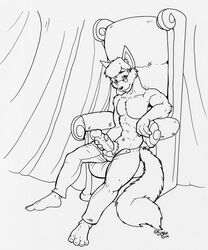 1boy 2006 anthro canine chair fur furry furry_only glasses hair huge_cock looking_at_viewer male male_only pants penis pose presenting sitting solo tail thick_penis throne topless wolfgangcake