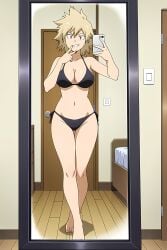 ai_generated alone bed bedroom bikini bikini_bottom bikini_top black_bikini female female_focus female_only front_view full_body looking_at_viewer mirror mirror_reflection mirror_selfie mitsuki_bakugou my_hero_academia peace_sign phone pinku.ai selfie smirk thick