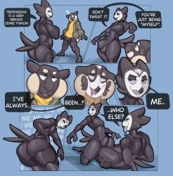 2025 anthro ass attikipp avian balls balls_outline big_bulge big_butt bird black_body black_bodysuit black_clothing black_latex black_skinsuit bodily_fluids bodysuit bovid bubble_butt bulge bulge_frottage caprine clone clothing comic crossed_arms detailed_bulge dialogue drooling duo english_text feathers genital_outline hi_res identity_death jacket latex latex_bodysuit latex_clothing latex_skinsuit male male/male mammal mind_control multicolored_body n-1_enoch owl saliva sheep shirt skinsuit species_transformation speech_bubble tail tail_feathers text thick_thighs tight_clothing topwear transformation twinning two_tone_body white_body yellow_clothing yellow_shirt yellow_topwear