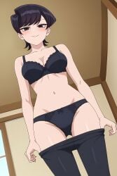 ai_generated alone bedroom black_bra black_leggings black_panties blush bra female female_focus female_only front_view komi-san_wa_komyushou_desu komi_shuuko leggings leggings_down looking_at_viewer panties pinku.ai smirk standing