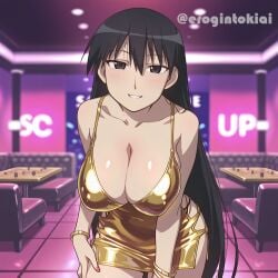 ai_generated azumanga_daiou big_breasts black_eyes black_hair bodycon breasts erogintokiai female gold_dress huge_breasts indoors jewelry latex_clothing long_hair minidress sagging_breasts sakaki seductive_eyes seductive_look sexy_body sexy_clothing sexy_pose shiny_clothes soft_smile