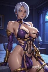 1futa ai_generated bed bedroom blue_eyes breasts bulge futanari futarush huge_breasts indoor indoors intersex isabella_valentine large_breasts patreon patreon_url patreon_username short_hair soul_calibur sultryspark white_hair