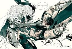 2boys abs amputee anal arm_up armless_amputee armor bandaged_arm bandaged_hand bandages berserk blood blood_on_body blood_on_face blood_on_weapon blush breastplate cape commentary cum cum_in_ass cum_overflow english_commentary english_text faulds finger_in_another's_mouth gauntlets greyscale griffith_(berserk) guts_(berserk) highres injury kneeling long_hair luluzhang998873 lying male_focus male_penetrated monochrome multiple_boys on_back parted_hair penis planted planted_sword sex short_hair speech_bubble sweat sword testicles torn_clothes v-shaped_eyebrows wavy_hair weapon yaoi