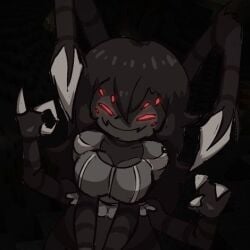 1girls 8_eyes cave chelicerae claws cleavage dark female glowing_eyes glowing_red_eyes hair korazor lotus_(nannocansado) lotus_(verycansado) minecraft multi_eye point_of_view pov red_eyes spider_(minecraft) spider_girl striped_body tagme talons thick_thighs torch web