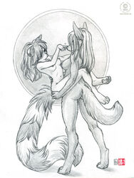 2011 ace_(kacey) anthro anubian_jackal ass boop breasts canine carrying duo female fur furry_ass furry_breasts furry_ears furry_tail greyscale hair hair_over_eye hand_on_ass heart hindpaw jackal kacey kristania leg_wrap mammal monochrome navel nude pawpads paws pencil_(artwork) pussy ringtail sex simple_background stand_and_carry_position standing tail traditional_media_(artwork) white_background yuri