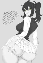 1girls 2025 artist_name ass ass_focus black_hair breasts clothed english_text female female_only highres large_ass large_breasts lia-chan limited_palette looking_at_viewer looking_back milf ponytail renee_graves skirt text the_coffin_of_andy_and_leyley thick_thighs thigh_grab watermark yellow_eyes