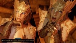2koma aheagao armor armored_female begging begging_pose big_ass big_cock big_penis blue_eyes breasts brown_hair cock cock_shadow cumslut dick_shadow elf elf_ears elf_female english_text female high_elf indoors light-skinned_female light_skin long_hair male molagballin orc orc_cock orc_male penis penis_shadow skyrim split_screen taunting text the_elder_scrolls tongue tongue_out warm_colors warm_lighting