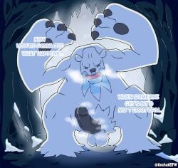 absurd_res anchunsfw angry annoying anthro balls beartic big_penis bodily_fluids cave english_text generation_5_pokemon genital_fluids genitals hi_res imminent_sex intimidation looking_at_viewer male nintendo penis pokemon pokemon_(species) precum snow solo territorial text