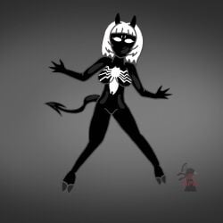 alien_look_like_human blind_peacock_draws blind_peacock_draws_(artist) bullet_scar commentary commentary_request demon demon_girl demon_hooves demon_horns demon_tail ecuadorian goo_creature hazbin_hotel hazbin_hotel_oc helluva_boss helluva_boss_oc hooves horns horns_and_hooves latina marvel marvel_comics masked_female oro_(blindpeacockdraws) reference reference_image secret_wars sharp_claws sharp_teeth she-venom she-venom_(cosplay) sinner sinner_demon spider-man_(black_suit) spiked_tail spikes symbiote tail venom venom_(2018) venom_(marvel) white_hair white_pupils