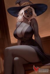 1girls 2d ai_generated ass barefeet big_ass black_body black_lips black_skin breasts dark-skinned_female dress elden_ring_nightreign erophoenix fantasy feet female female_focus full_body huge_breasts long_hair looking_at_viewer patreon_username recluse_(nightreign) solo solo_female sweat thick thick_thighs toes uncensored white_hair witch_hat