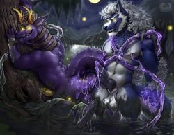 animal_genitalia animal_penis anthro anthro_on_anthro anus ass balls black_nipples black_penis blue_body blue_fur bodily_fluids canid canine canine_genitalia canine_penis chumbasket colored_cum cum cum_on_balls cum_on_butt cum_on_penis cum_string dirty dragon duo erection fangs front_view fur genital_fluids genitals grin hair hi_res horn humanoid_genitalia humanoid_penis knot leaning leaning_forward male male/male mammal moon muscular muscular_anthro muscular_male mythological_creature mythological_scalie mythology narrowed_eyes night nipple_piercing nipple_ring nipples nude open_mouth orange_horn outside partially_submerged penis piercing purple_balls purple_body purple_cum ring_piercing scalie side_view sky smile standing swamp teeth unusual_bodily_fluids unusual_cum unusual_genital_fluids white_balls white_body white_fur white_hair yellow_anus yellow_eyes yellow_horn yellow_penis