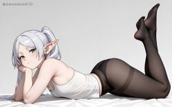 1girls ai_generated anhanger10 female frieren green_eyes nylons panties pointy_ears small_breasts solo sousou_no_frieren tank_top white_hair
