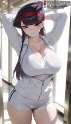 1girls ai_generated arms_behind_head arms_up ass_visible_through_thighs black_eyes black_hair blue_lipskomi_shouko blurry blurry_background blush bra bra_visible_through_clothes breasts cameltoe cleavage closed_mouth collarbone cowboy_shot dolphin_shorts gym_uniform hairband indoors jacket komi-san_wa_komyushou_desu komi_shouko komi_shuuko large_breasts lipstick long_hair long_sleeves looking_at_viewer makeup meitabuu open_jacket partially_unzipped see-through shirt short_shorts shorts smile solo standing swept_bangs thighs track_jacket white_jacket white_shirt white_shorts