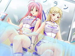 aiyoku_no_nakaba_in_to_you_no_doukoku blonde_hair blush breasts censored erect_nipples female female_on_futa futa_on_female futa_with_female futanari game_cg handjob intersex large_breasts long_hair navel open_mouth penis pink_hair red_eyes ribahara_aki skirt under_the_table