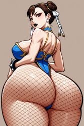 1girls ai_generated ass ass_focus black_lipstick chun-li cleavage double_bun eyelashes eyeliner fishnets from_behind hair_ribbon huge_ass leotard lips lipstick looking_back megazard solo spiked_bracelet street_fighter thick_thighs