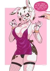 1boy anthro blue_eyes blush brown_highlights brown_spots bulge crossdressing dialogue dress earrings english_text fake_breasts femboy fishnet_armwear fishnet_stockings fishnets fur girly hi_res jamie_(lilypup) leporid loggus_doggus male male_only mole mole_under_eye nail_polish panties purple_dress purple_nail_polish speech_bubble spotted_fur teeth_clenched thick_thighs thigh_squish white_fur white_hair