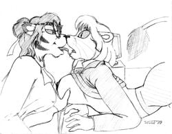 anthro breasts canine clothed clothes desk feline female fur furry glasses kissing lion lioness raised_shirt tiger wolfkidd zhora