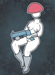 boots female floating full_body holding holding_weapon monochrome no_humans planet sky solo space spacesuit standing star_(sky) starry_sky weapon