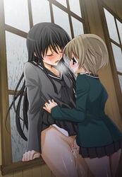 black_hair blush breath brown_hair closed_eyes female fingering height_difference long_hair multiple_girls no_panties original pussy_juice school_uniform serafuku short_hair size_difference skirt skirt_lift takano_saku takanosaq uncensored yuri