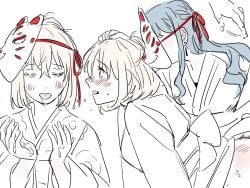 2girls bang_dream! bang_dream!_it's_mygo!!!!! blonde_hair blue_hair earrings fox_mask greyscale hand_on_another's_head highres implied_fingering japanese_clothes jewelry kimono long_hair mask medium_hair milfcookiesimp misumi_uika monochrome multiple_girls open_mouth purple_eyes pussy_juice pussy_juice_on_fingers spot_color togawa_sakiko tongue tongue_out yuri