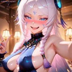 1girls ai_generated areola_slip armpits blue_eyes blush bracelet braids breasts citlali_(genshin_impact) cleavage commission drunk drunk_bubble drunk_female eyeliner facial_marks feathers female genshin_impact hair_between_eyes hair_ornament hoyoverse indoors lavander_hair light-skinned_female light_skin logo long_hair looking_at_viewer makeup medium_breasts mihoyo naughty_face ombre_hair ornament patreon patreon_link patreon_logo patreon_url patreon_username persyarts pov puffy_nipples selfie sexually_suggestive sexy shiny_skin sideboob stable_diffusion straight_hair suggestive suggestive_look v_sign