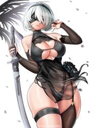 1girls 2b_(yorha_unofficial_waterfront_gear)_(nikke) absurdres black_bridal_gauntlets black_hairband black_one-piece_swimsuit blindfold breasts bridal_gauntlets commentary ecchi english_commentary female garter_straps goddess_of_victory:_nikke hairband highres holding holding_sword holding_weapon katou_shinobu large_breasts mole mole_under_mouth navel nier nier:_automata nier:automata nier_(series) official_alternate_costume one-piece_swimsuit pelvic_curtain see-through_clothes see-through_pelvic_curtain short_hair skindentation solo solo_female standing swimsuit sword weapon white_hair yorha_2b