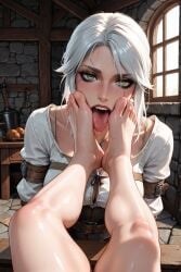 2girls ai_generated aifantasydream cd_projekt_red ciri clothing feet female green_eyes licking_feet light-skinned_female looking_at_viewer mascara saliva scar the_witcher_(series) the_witcher_3:_wild_hunt tongue_out white_hair yennefer yuri