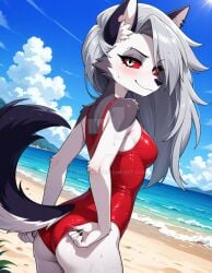 2025 ai_generated ass ass beach_background black_dot_eyes black_eyebrows booty closed_mouth closed_mouth_smile deviantart elryusam female_only fixing_swimsuit furry_ears furry_female furry_girl furry_nose furry_only furry_tail girl_only grinning_at_viewer hands_on_ass hands_on_booty hands_on_butt hands_on_swimsuit helluva_boss looking_back_at_viewer loona_(helluva_boss) meta mouth_closed red_swimsuit short_hair_female smile_at_viewer smiling_at_viewer vivziepop wet_body wet_hair wet_skin wet_swimsuit white_eyes_female white_hair_female wolf_ears wolf_female wolf_furry wolf_girl wolf_nose wolf_tail youtube