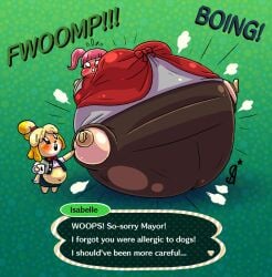 air_inflation allergic_reaction animal_crossing anthro ashamedscreen bbw belly big_belly big_breasts breasts female female_focus female_only full_body_inflation furry huge_belly human hyper_belly immobile immobilization inflation isabelle_(animal_crossing) nonude ready_to_pop spherical_inflation ssbbw tight_clothing villager_(animal_crossing)