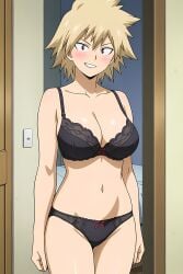ai_generated bed bedroom black_bra black_panties blush boobs bra female female_focus female_only front_view looking_at_viewer mitsuki_bakugou my_hero_academia panties pinku.ai smirk standing
