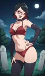 ai_generated ass bigmic145 black_hair boruto:_naruto_next_generations bra breasts bridal_gauntlets choker cleavage female glasses goth goth_girl gothic medium_breasts multicolored_hair naruto naruto_(series) navel panties red_hair sarada_uchiha tease teasing thighhighs