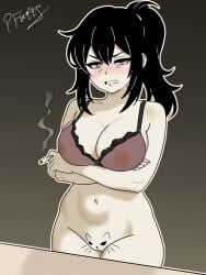 1girls alternate_version_available annoyed annoyed_expression areola_slip areolae arms_crossed arms_crossed_under_breasts big_breasts black_bra black_hair blush bottomless bra breasts cigarette cleavage do_you_want_to_pet_my_cat_(meme) female female_only green_eyes hair holding_object mature mature_female mature_woman meme meme_reference milf mother nipples nipples_visible_through_clothing pinkflamingoart ponytail pussy renee_graves shaved_crotch shaved_pussy smoke solo solo_female textless textless_version the_coffin_of_andy_and_leyley thighs tied_hair topwear vagina