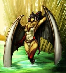 armpits bat bat_girl bat_wings black_hair breasts claws cleavage demon demon_girl demon_tail demon_wings dragon_wings female forest genderswap_(mtf) green_eyes jewelry large_breasts loincloth long_hair medium_breasts monster_girl nature navel ponytail rule_63 scythe solo standing succubus sword tail wading weapon wings