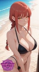 ai_generated beach big_breasts big_breasts big_breasts bikini black_bikini braid breasts breasts breasts chainsaw_man circle_eyes cleavage innocentportal jorgecarlosai long_hair makima_(chainsaw_man) navel orange_eyes red_hair ring_eyes ringed_eyes sand sexy single_braid standing water watermark