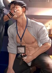 2boys abs bare_breasts big_areola black_eyes black_hair blurry_background blush boss_and_subordinate bukkake censor_bar censored censored_penis cum cum_drip cum_explosion cum_leaking cum_on_breasts cum_on_chin cum_on_face cum_on_fingers cum_on_glasses cum_on_hand cum_on_penis cum_splatter cum_string dripping dripping_cum duo ejaculation erection fellatio frenulum frown gay glasses hi_res holding_penis indoors jerking kneeling kneeling_oral_position licking licking_penis looking_up male male/male male_only masturbating_during_fellatio masturbation mature_male minato_(mondi_xxx) mondi_xxx muscles muscular muscular_male musk musk_clouds musky_cock name_tag navel obedience office office_clothing office_sex open_mouth oral oral_sex orgasm original original_character pecs penis penis_out pointless_censoring pull_out red_glans retracted_foreskin rolled_up_sleeves semen short_hair simultaneous_orgasms six_pack standing submissive submissive_male sweat sweatdrop tongue_out unbuttoned uncircumcised uncut underwear_down unstoppable_orgasm unzipped veiny_penis wanking white_shirt yaoi