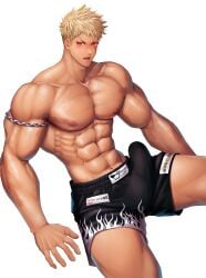1boy abs absurd_res armband bandaid bandaid_on_face bara beefy biceps big_areola big_breasts big_bulge blonde_hair blush boxer_briefs boxers boxing boxing_gloves breasts broad_shoulders bulge bulge_through_clothing collarbone erection erection_under_clothes frown gay hi_res hunk looking_at_viewer male male_breasts male_only manly mature_male meisho_hanten muscles muscular muscular_arms muscular_legs muscular_male muscular_thighs navel oppai original original_character pecs quadriceps red_eyes scar scar_across_eye scar_on_arm scar_on_face short_hair sitting six_pack tough_guy triceps veiny_arms veiny_chest veiny_legs very_high_resolution white_background yaoi