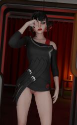 1girls dark_room female female_focus female_only fortnite fortnite:_battle_royale goth_girl long_shirt mad_face morgan_myst_(fortnite) perete pubic_hair pubic_hair_peek pussy pussy_exposed red_lips red_lipstick rubbing_eye shirt short_hair tired tired_eyes tired_look waking_up
