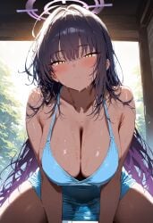 ai ai_generated all_fours beautiful black_hair blue_archive blue_dress breasts brown_eyes brown_skin cowboyraptor female karin_(blue_archive) nsfw oppai sweat