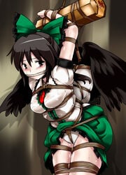 1girls arm_cannon arms_up black_hair bondage bound bow brown_eyes cape cleave_gag crotch_rope female female_only femsub fully_clothed gag gagged green_skirt hair hairbow lili_(artist) lilish medium_breasts panties rope shirt skirt skirt_lift solo sweat tears tied_up touhou underwear utsuho_reiuji weapon white_panties white_shirt wings