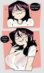 1girls big_breasts black_bra black_hair breasts female highlights_(coloring) light-skinned_female light_skin original original_character panels sparkles sweat sweatdrop tease teasing wet wet_clothes wet_clothing white_shirt
