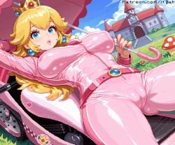1girls big_breasts biker_clothes blonde_hair blue_eyes blush bodysuit breasts cameltoe crown ear_piercing earrings female female_only hair hand_behind_head headwear holding_object itzah lips long_hair mario_(series) motorcycle nail_polish nails nintendo parted_lips pink_bodysuit pink_nail_polish pink_nails pixel_art princess_peach racing_suit solo solo_female track_suit umbrella